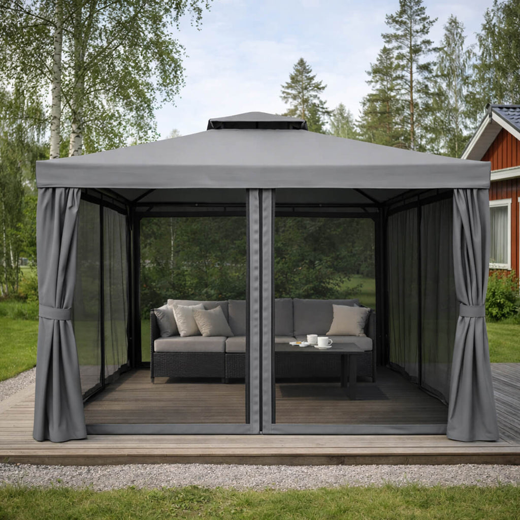 Trädgårdspaviljong 3 x 3 m – aluminiumram, myggnät, 250 g/m² PVC-tak, grå