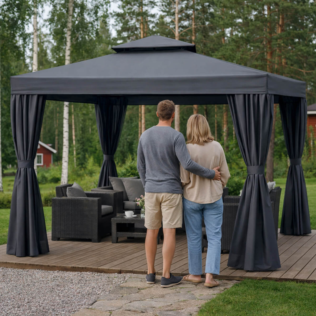 Trädgårdspaviljong 3 x 3 m – aluminiumram, myggnät, 250 g/m² PVC-tak, grå