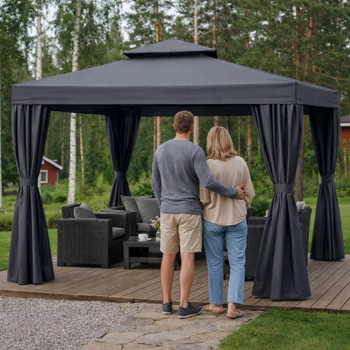 Trädgårdspaviljong 3 x 3 m – aluminiumram, myggnät, 250 g/m² PVC-tak, grå