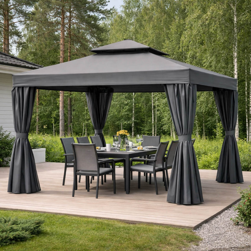 Trädgårdspaviljong 3 x 3 m – aluminiumram, myggnät, 250 g/m² PVC-tak, grå