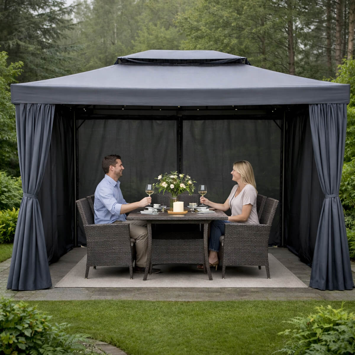 Pihapaviljonki 3 x 4 m – alumiinirunko, hyttysverkko, PVC-katto, harmaa