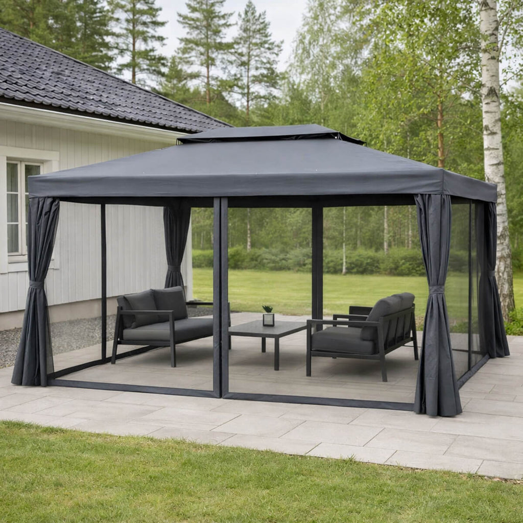 Pihapaviljonki 3 x 4 m – alumiinirunko, hyttysverkko, PVC-katto, harmaa