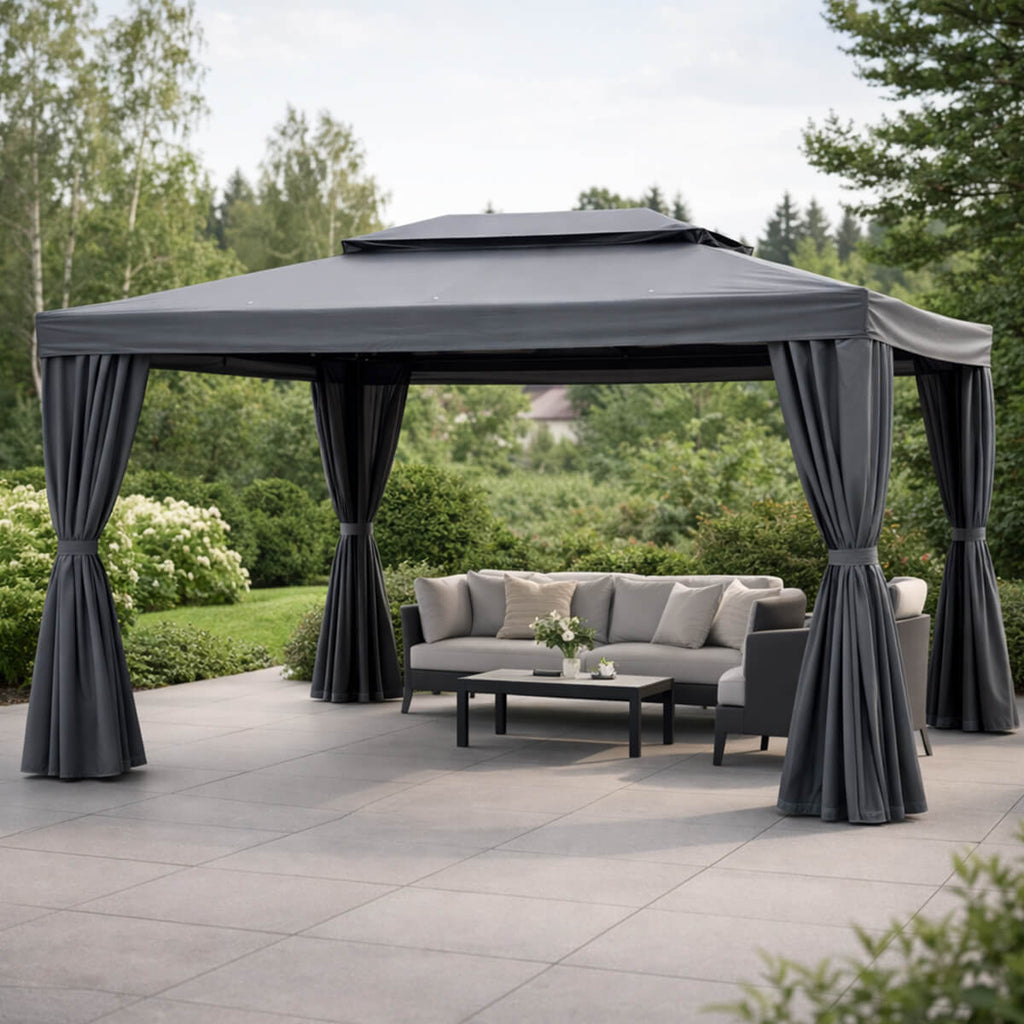 Pihapaviljonki 3 x 4 m – alumiinirunko, hyttysverkko, PVC-katto, harmaa