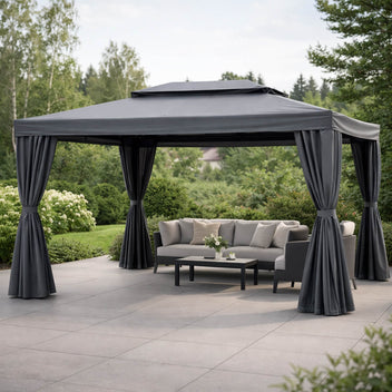 Pihapaviljonki 3 x 4 m – alumiinirunko, hyttysverkko, PVC-katto, harmaa