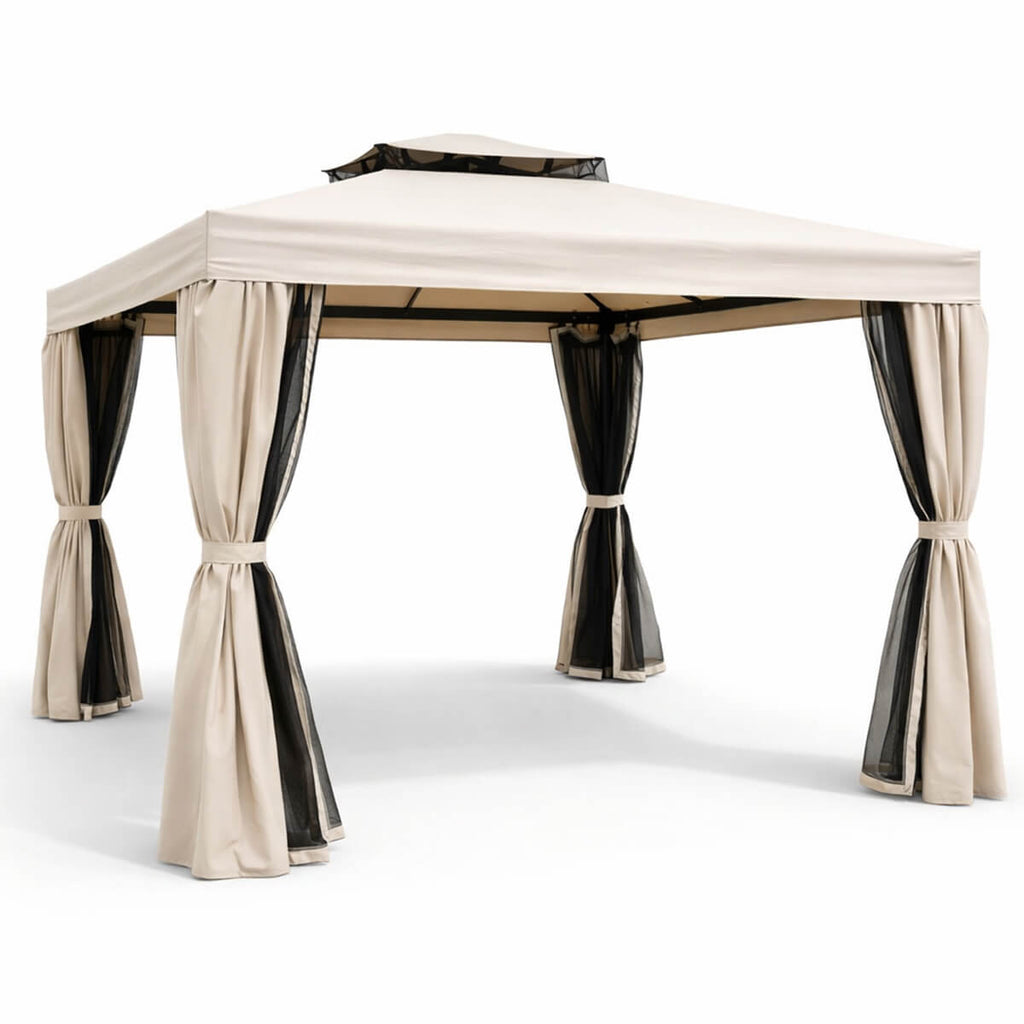 Pihapaviljonki 3 x 4 m – alumiinirunko, hyttysverkot, PVC-pinnoitettu katto, beige
