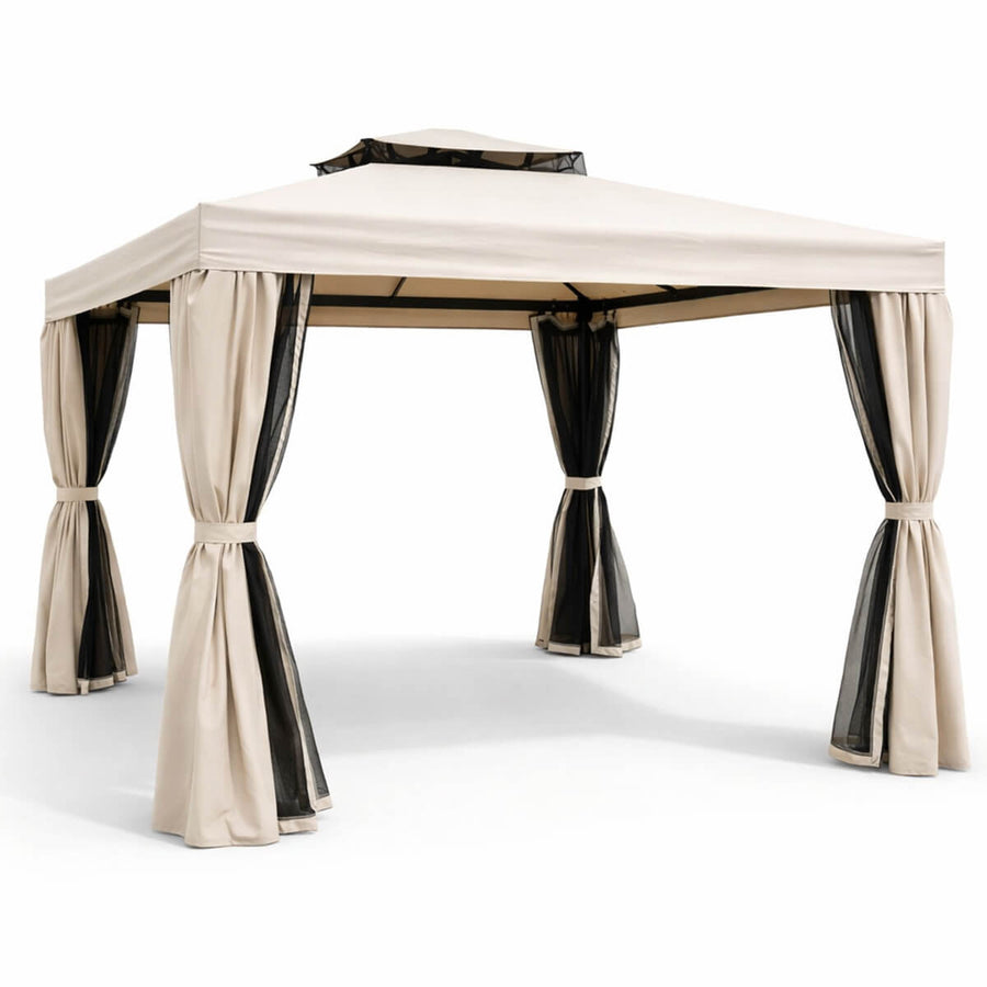 Trädgårdspaviljong 3 x 4 m – aluminiumram, myggnät, PVC-tak, beige