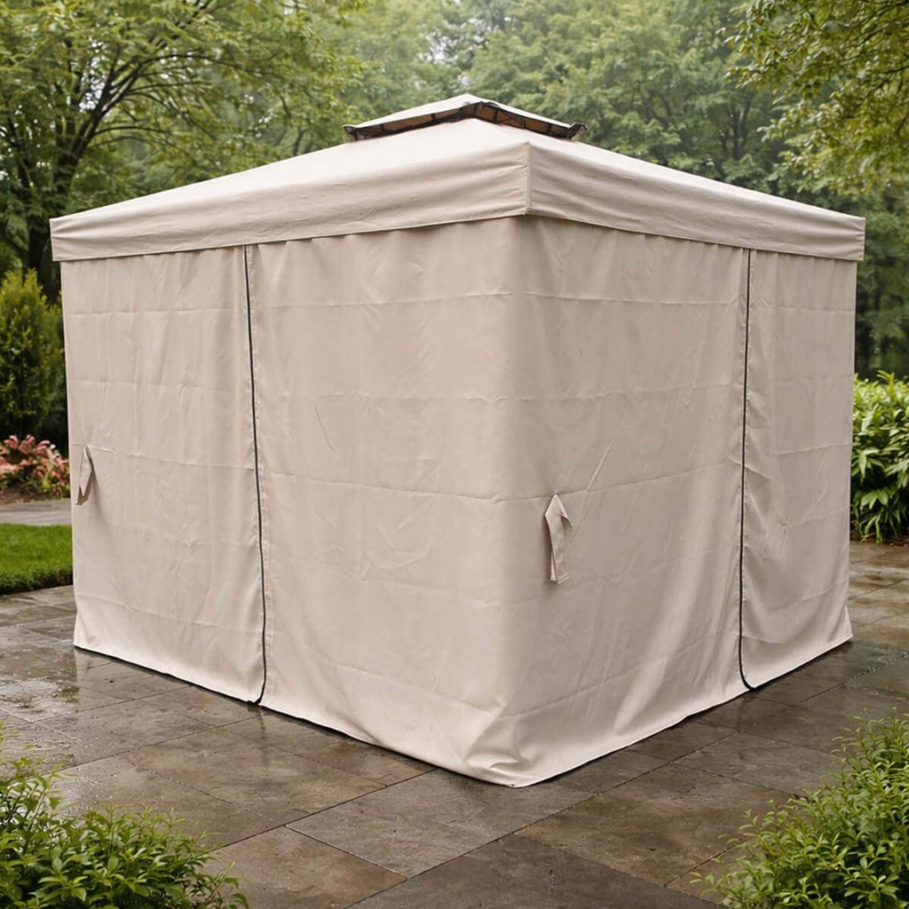 Pihapaviljonki 3 x 4 m – alumiinirunko, hyttysverkot, PVC-pinnoitettu katto, beige