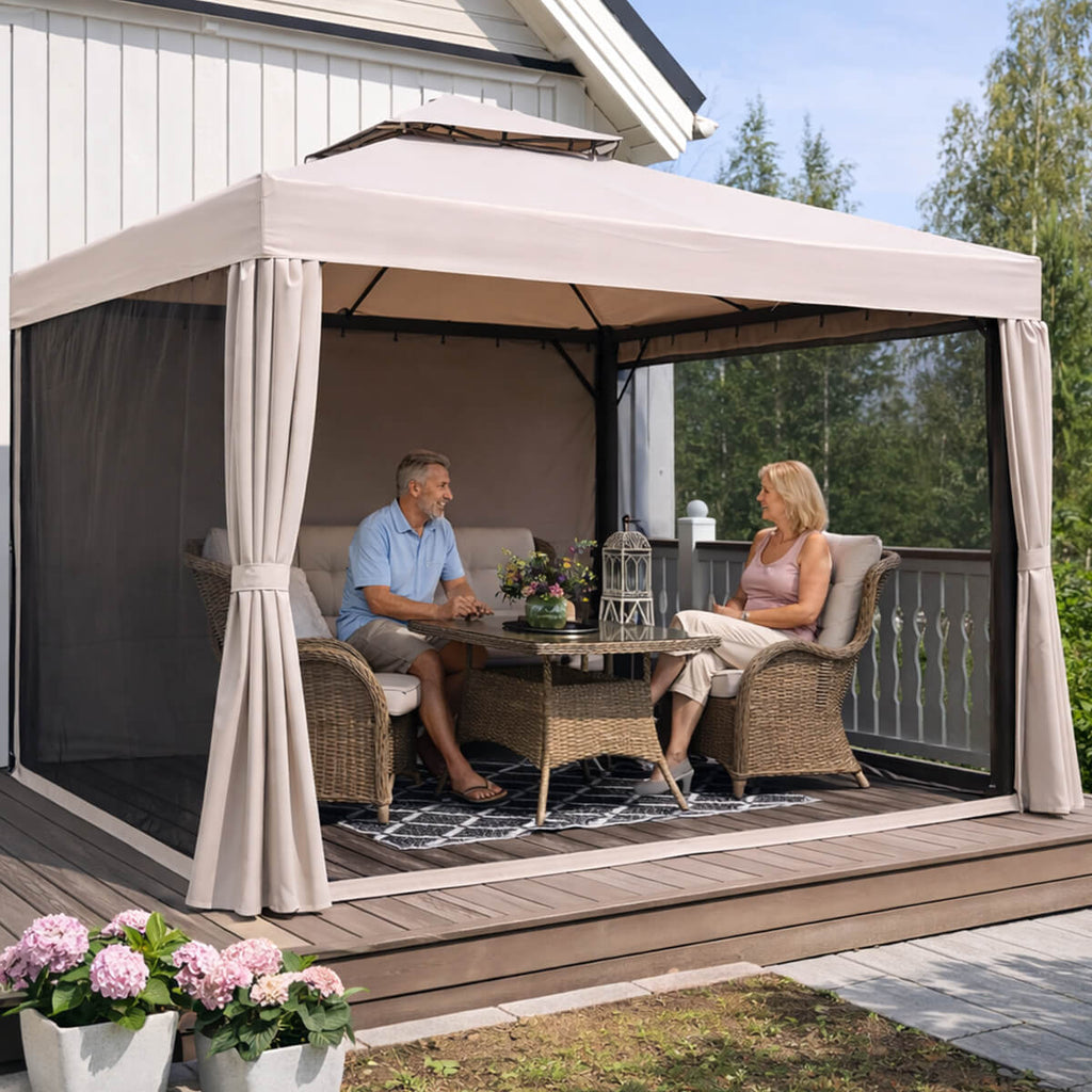 Pihapaviljonki 3 x 4 m – alumiinirunko, hyttysverkot, PVC-pinnoitettu katto, beige
