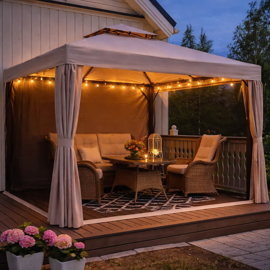 Pihapaviljonki 3 x 4 m – alumiinirunko, hyttysverkot, PVC-pinnoitettu katto, beige