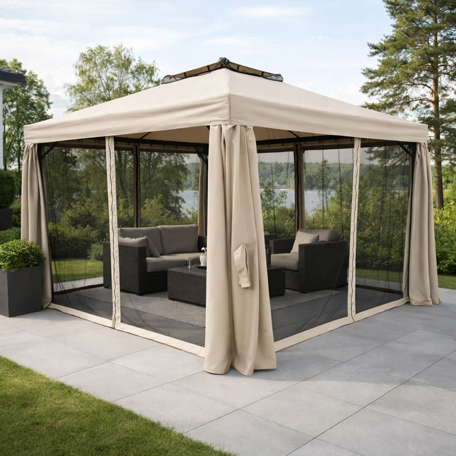 Trädgårdspaviljong 3 x 4 m – aluminiumram, myggnät, PVC-tak, beige