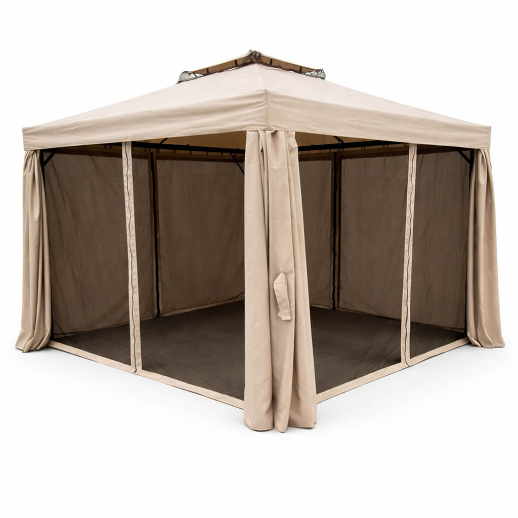 Pihapaviljonki 3 x 4 m – alumiinirunko, hyttysverkot, PVC-pinnoitettu katto, beige