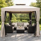 Pihapaviljonki 3 x 4 m – alumiinirunko, hyttysverkot, PVC-pinnoitettu katto, beige