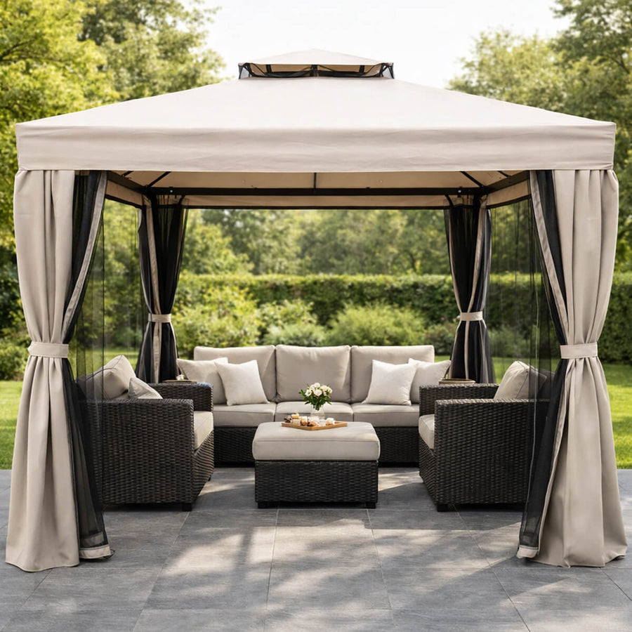 Trädgårdspaviljong 3 x 4 m – aluminiumram, myggnät, PVC-tak, beige