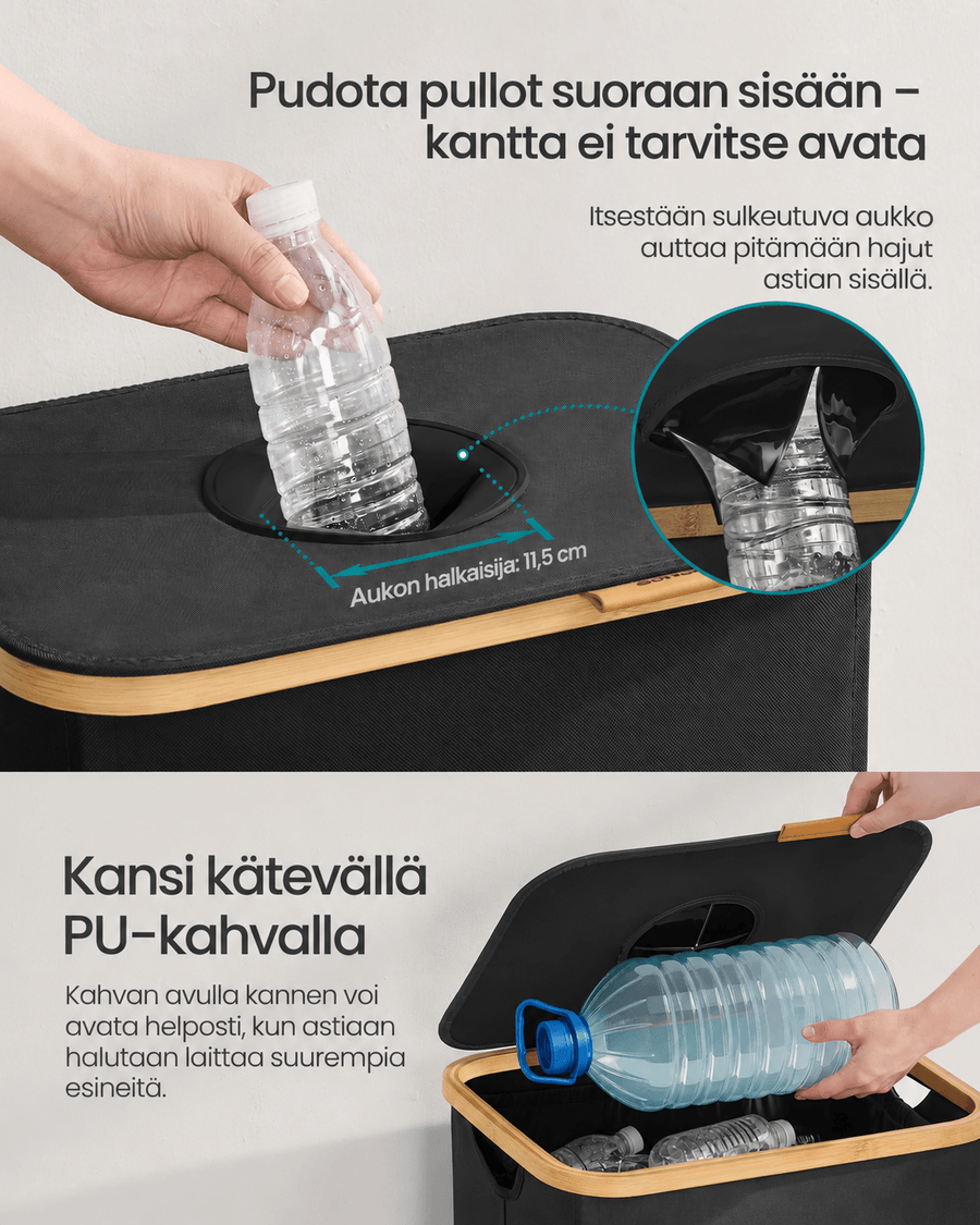Kierrätysastia keittiöön, 100 l pullonkeräysastia metallille, muoville, paperille ja lasille, sisäpussi kantokahvoilla, syvänmusta ja luonnonbeige