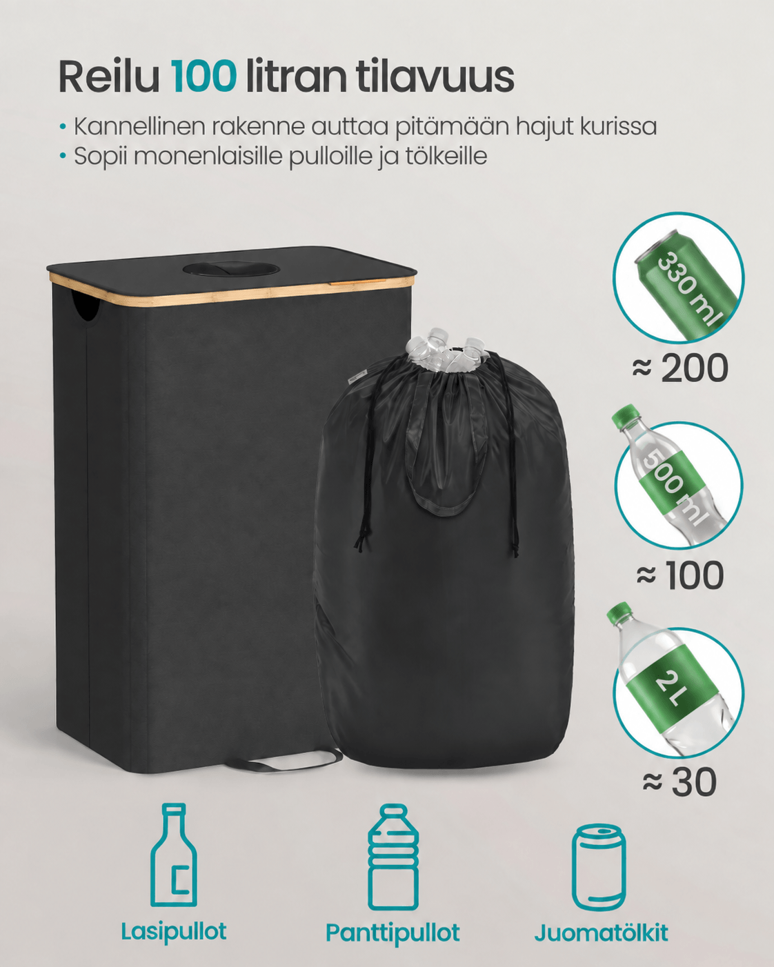 Kierrätysastia keittiöön, 100 l pullonkeräysastia metallille, muoville, paperille ja lasille, sisäpussi kantokahvoilla, syvänmusta ja luonnonbeige