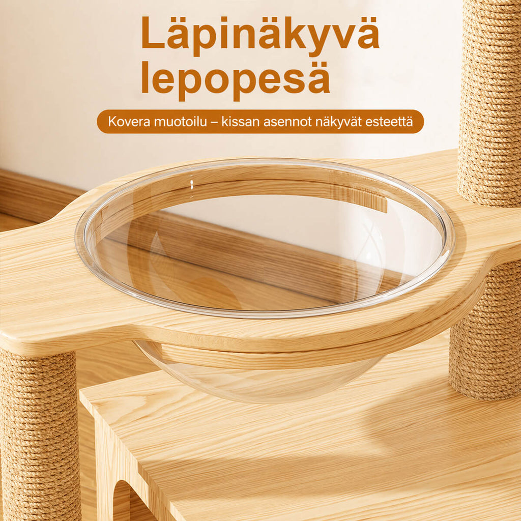 Kissan kiipeilypuu 140 cm, puinen raapimispuu tasoilla ja pesätilalla