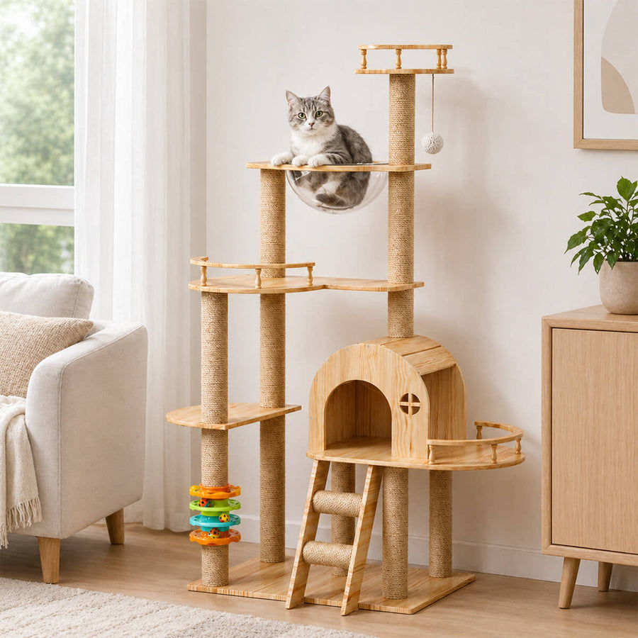 Kattklätterträd 165 x 60 x 48 cm – klätterträd i trä med plattformar och hus