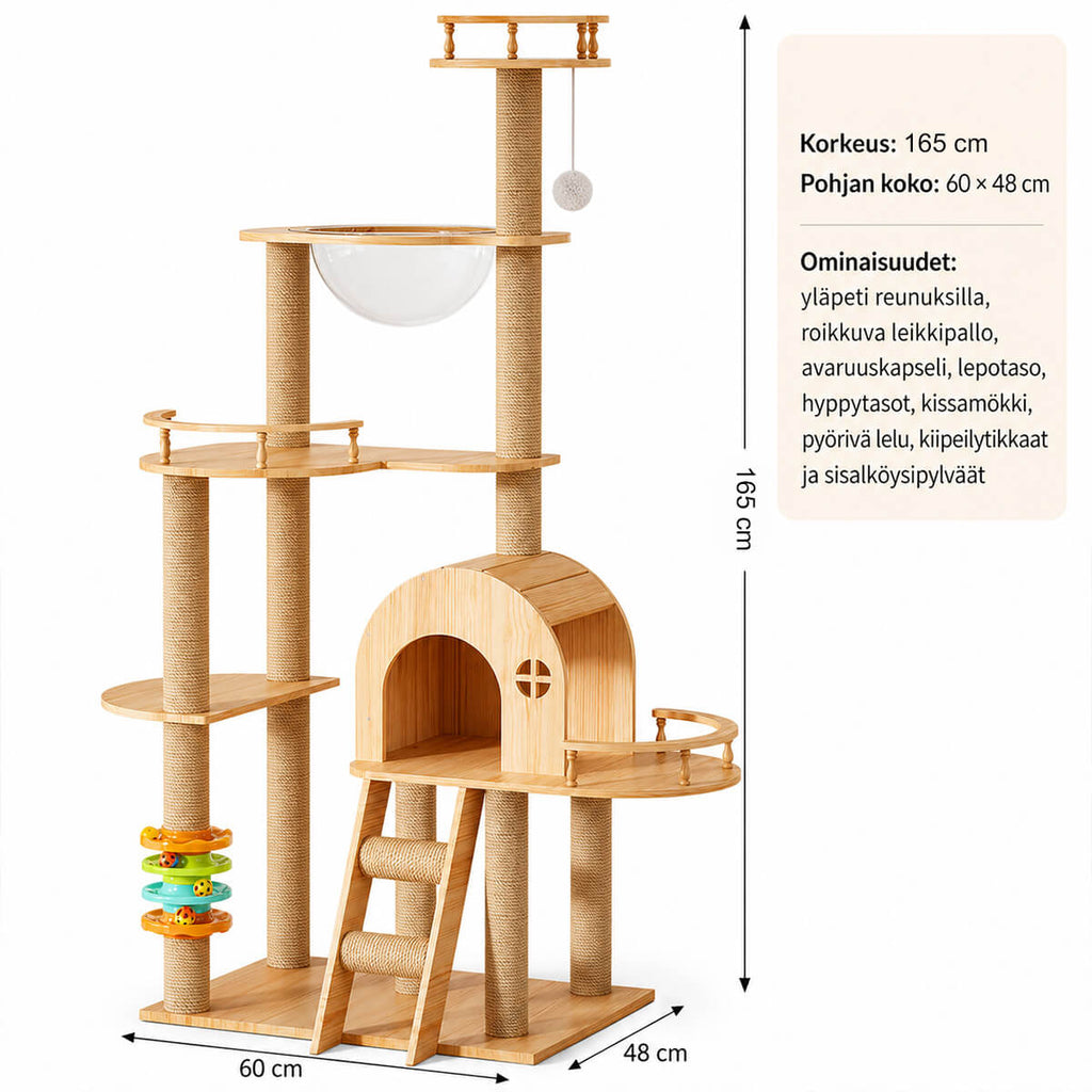 Kissan kiipeilypuu 165 x 60 x 48 cm – puinen raapimapuu tasoilla ja pesällä