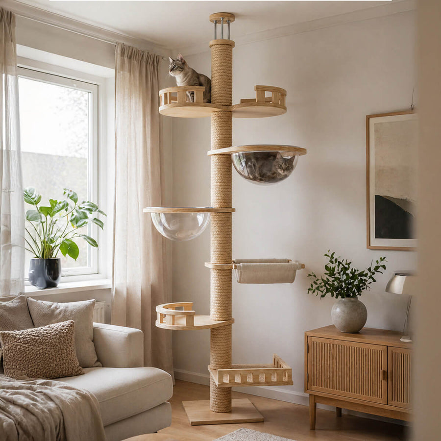 Kattklätterträd 250–280 cm – två kupbäddar, flera nivåer