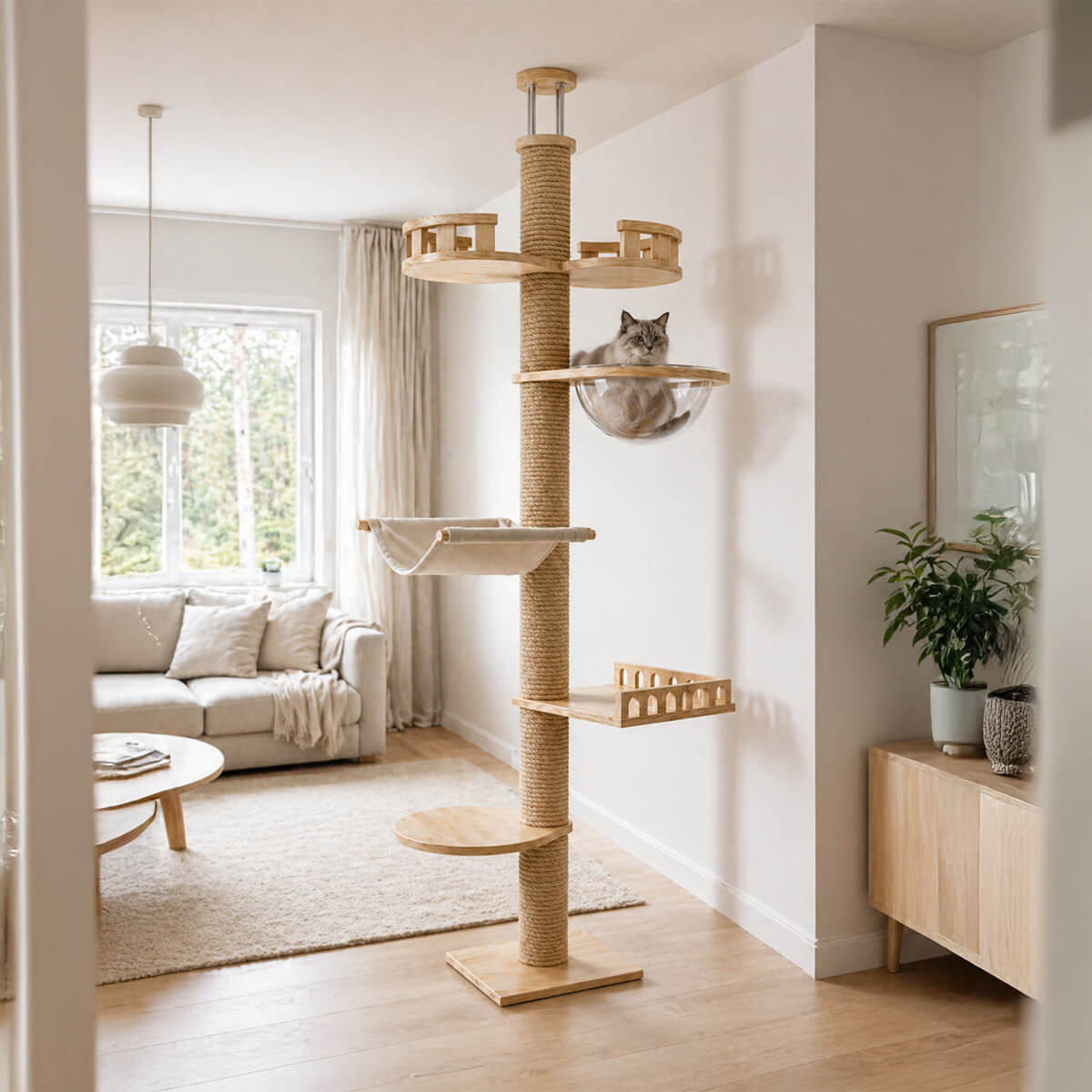 Kattklätterträd 250–280 cm med träplattformar och justerbar takstöd