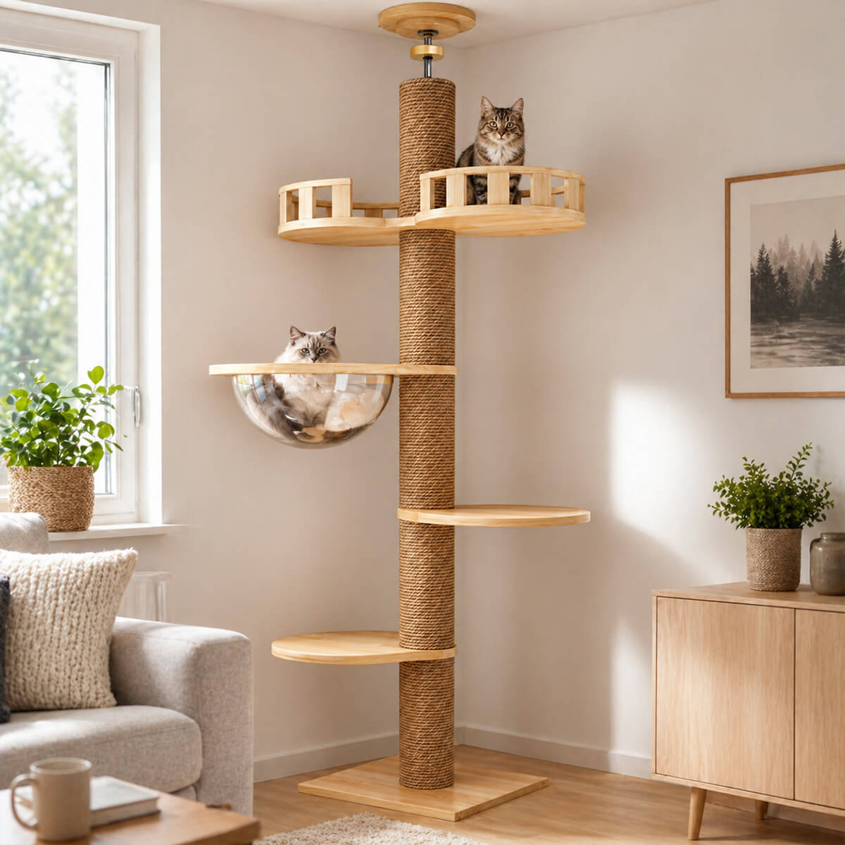 Kattklätterträd från golv till tak 40 x 40 x 255–265 cm – klösbräda i träfärg
