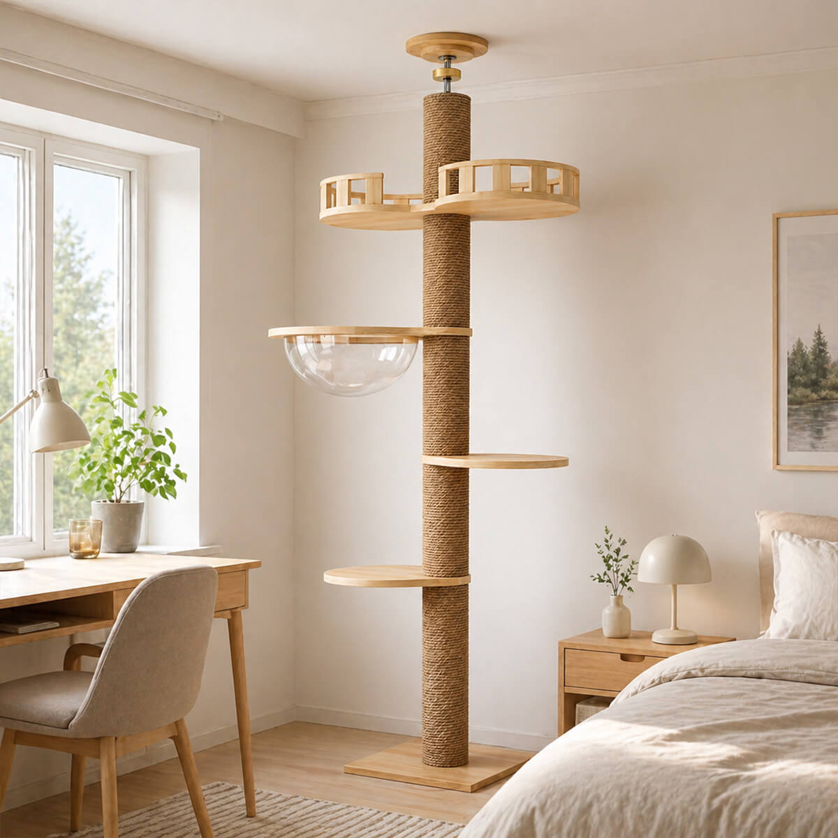 Kattklätterträd från golv till tak 40 x 40 x 255–265 cm – klösbräda i träfärg