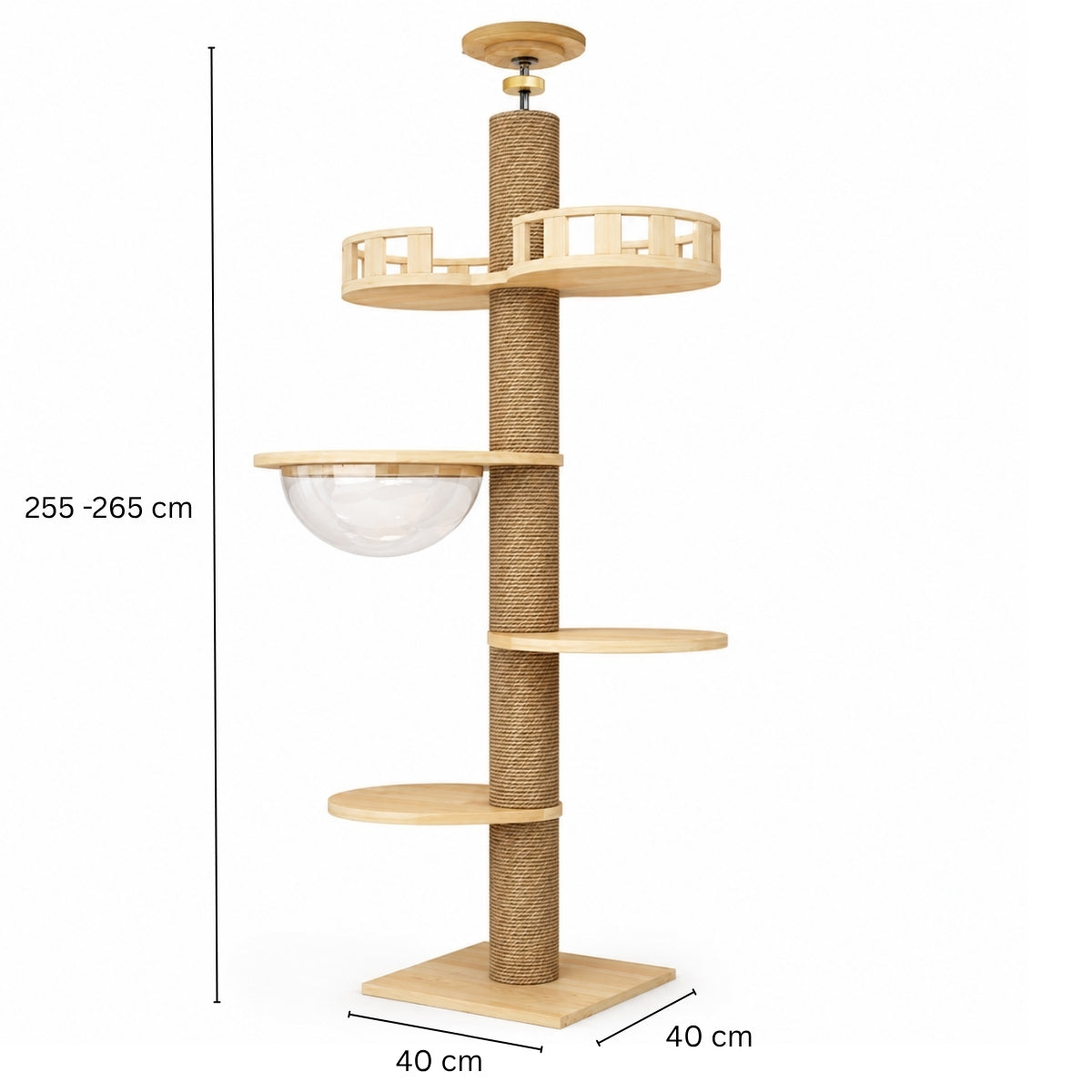 Kattklätterträd från golv till tak 40 x 40 x 255–265 cm – klösbräda i träfärg