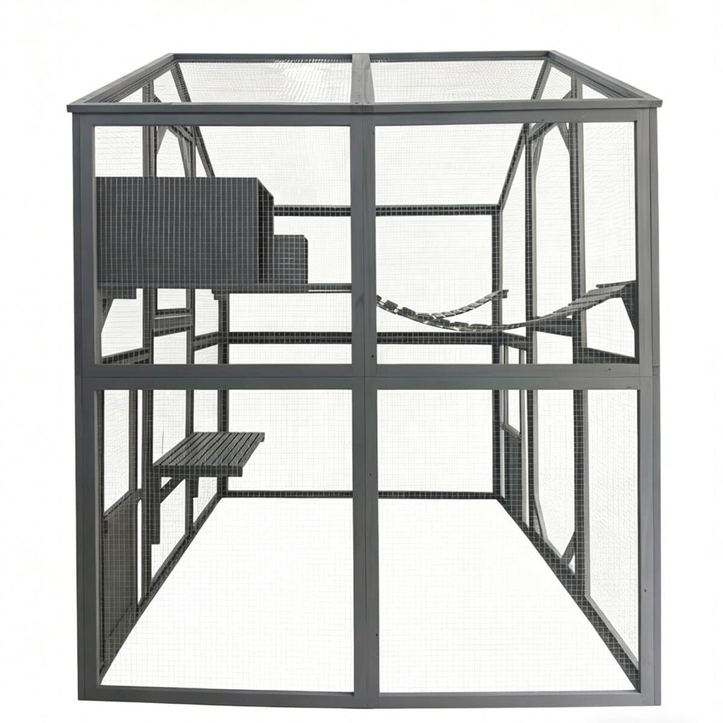 Kattbur för utomhusbruk 185,5 x 140 x 188 cm grå, träram och galvaniserat metallnät