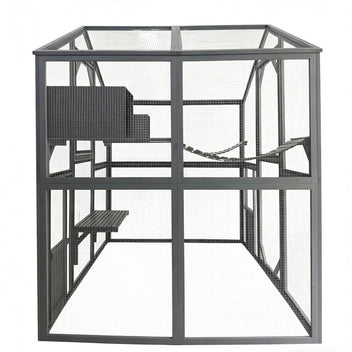 Kissan ulkohäkki 185,5 x 140 x 188 cm harmaa, puurunko ja galvanoitu metalliverkko