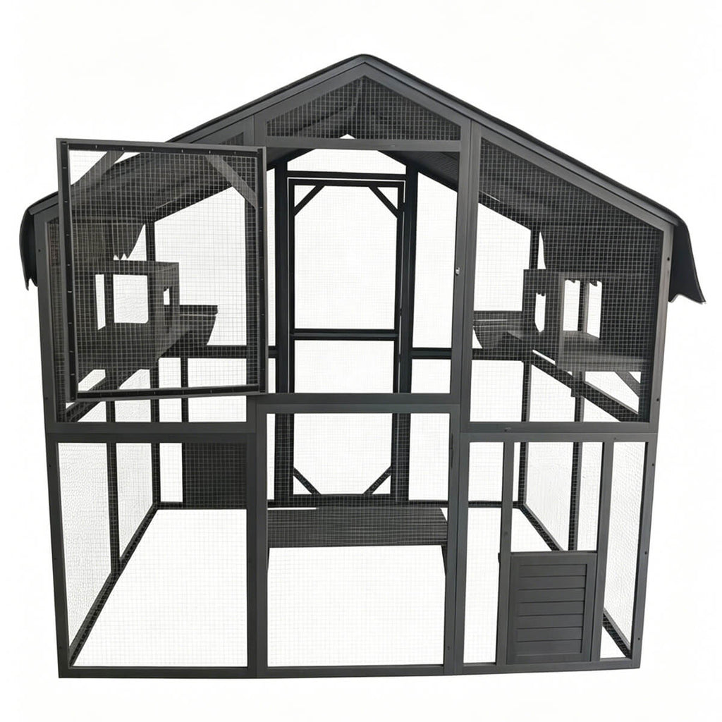 Kattbur för utomhusbruk 185,5 x 140 x 188 cm grå, träram och galvaniserat metallnät