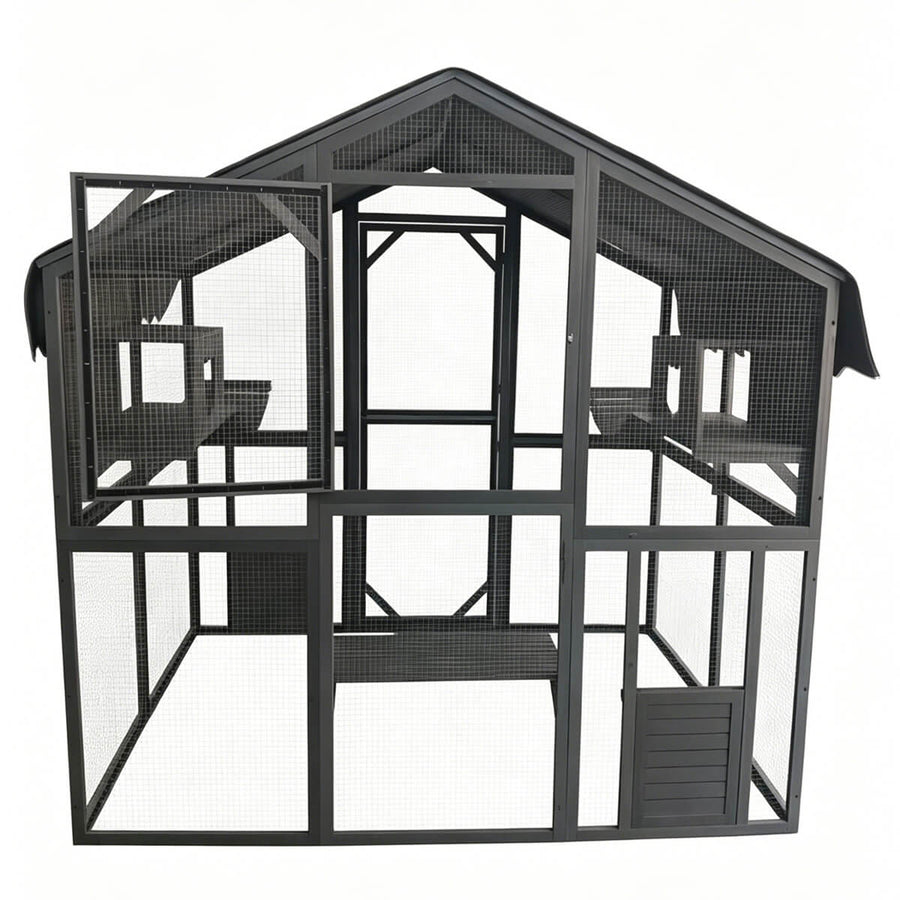 Kattbur för utomhusbruk 185,5 x 140 x 188 cm grå, träram och galvaniserat metallnät