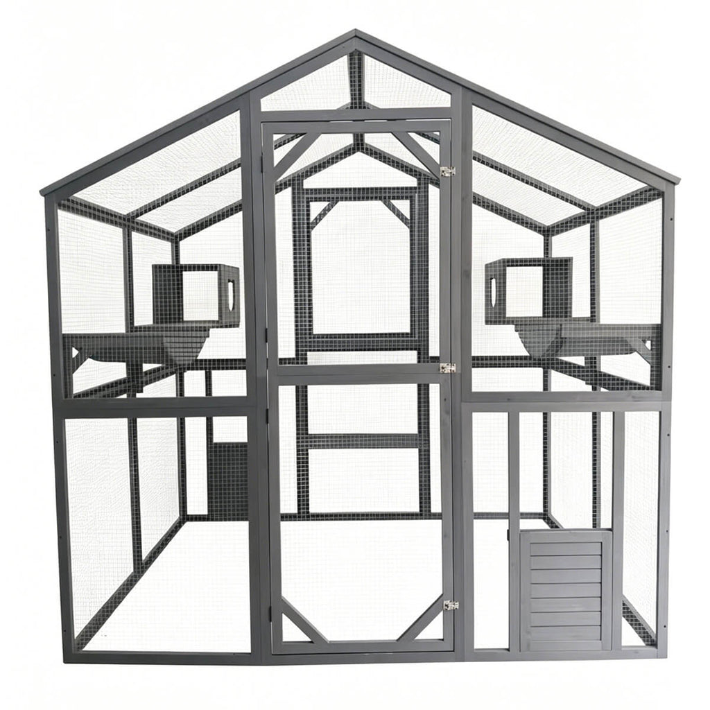 Kattbur för utomhusbruk 185,5 x 140 x 188 cm grå, träram och galvaniserat metallnät