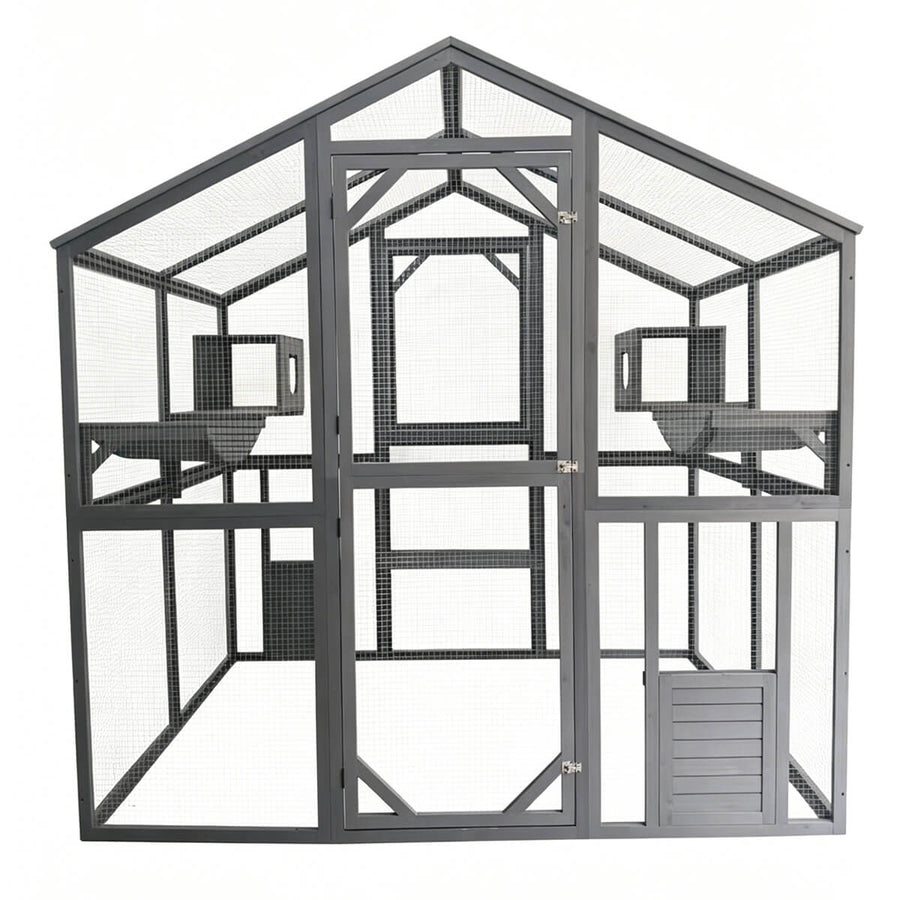 Kattbur för utomhusbruk 185,5 x 140 x 188 cm grå, träram och galvaniserat metallnät