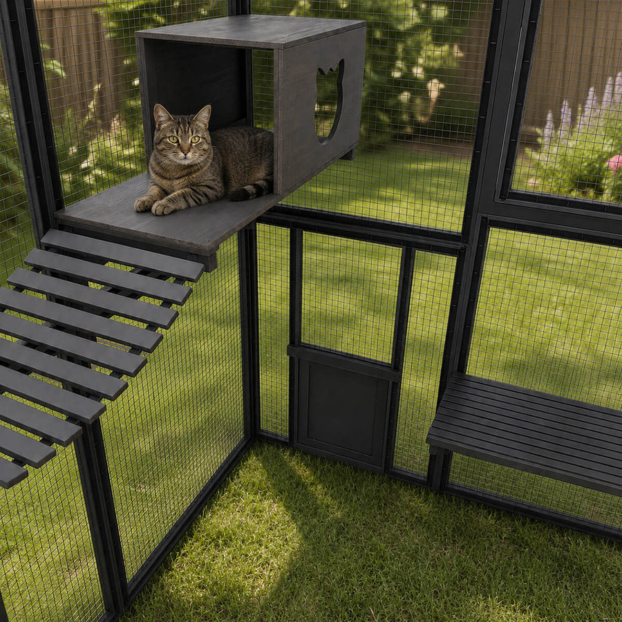 Kattbur för utomhusbruk 185,5 x 140 x 188 cm grå, träram och galvaniserat metallnät