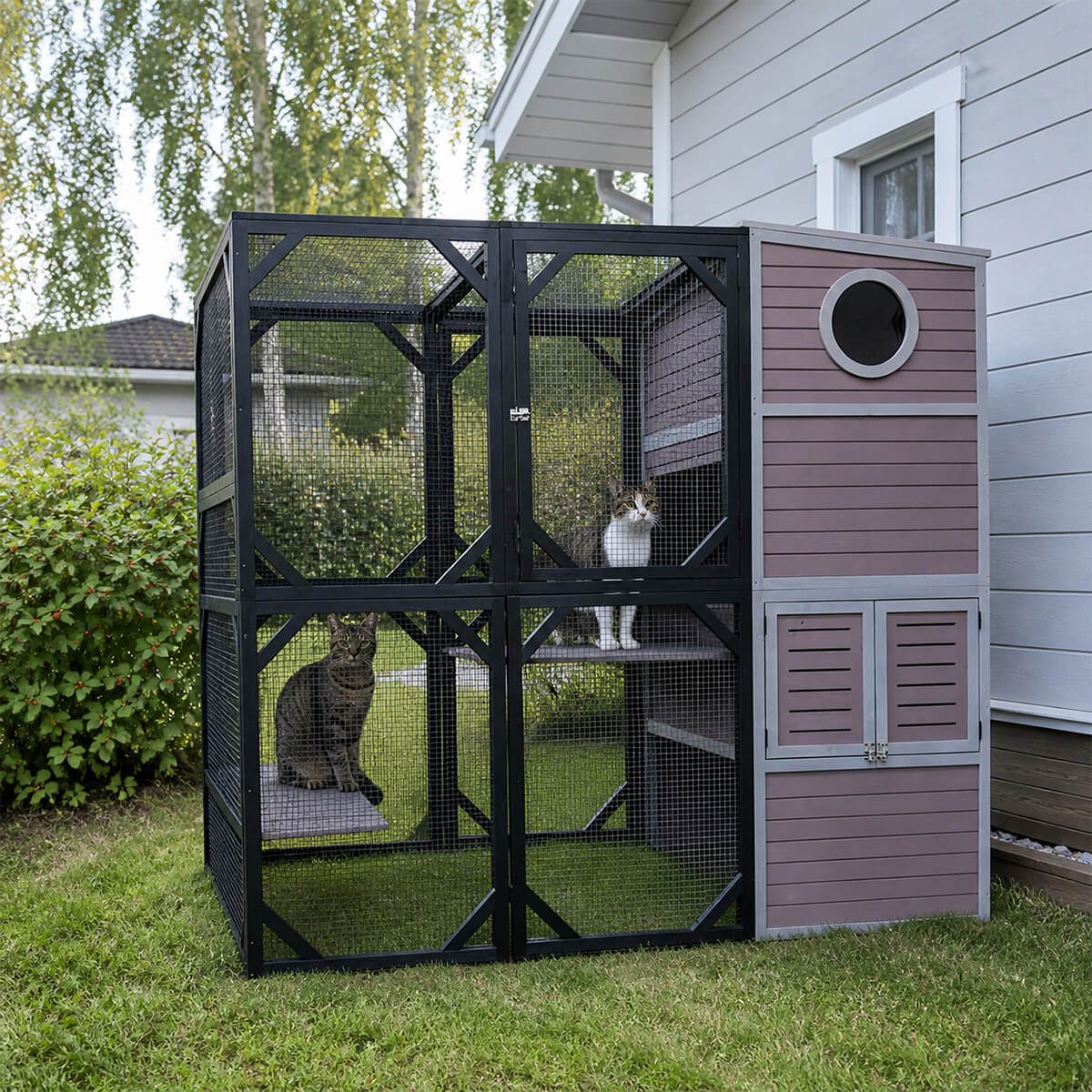 Kissan ulkohäkki 195x91x76 cm harmaa – puu ja metalliverkko