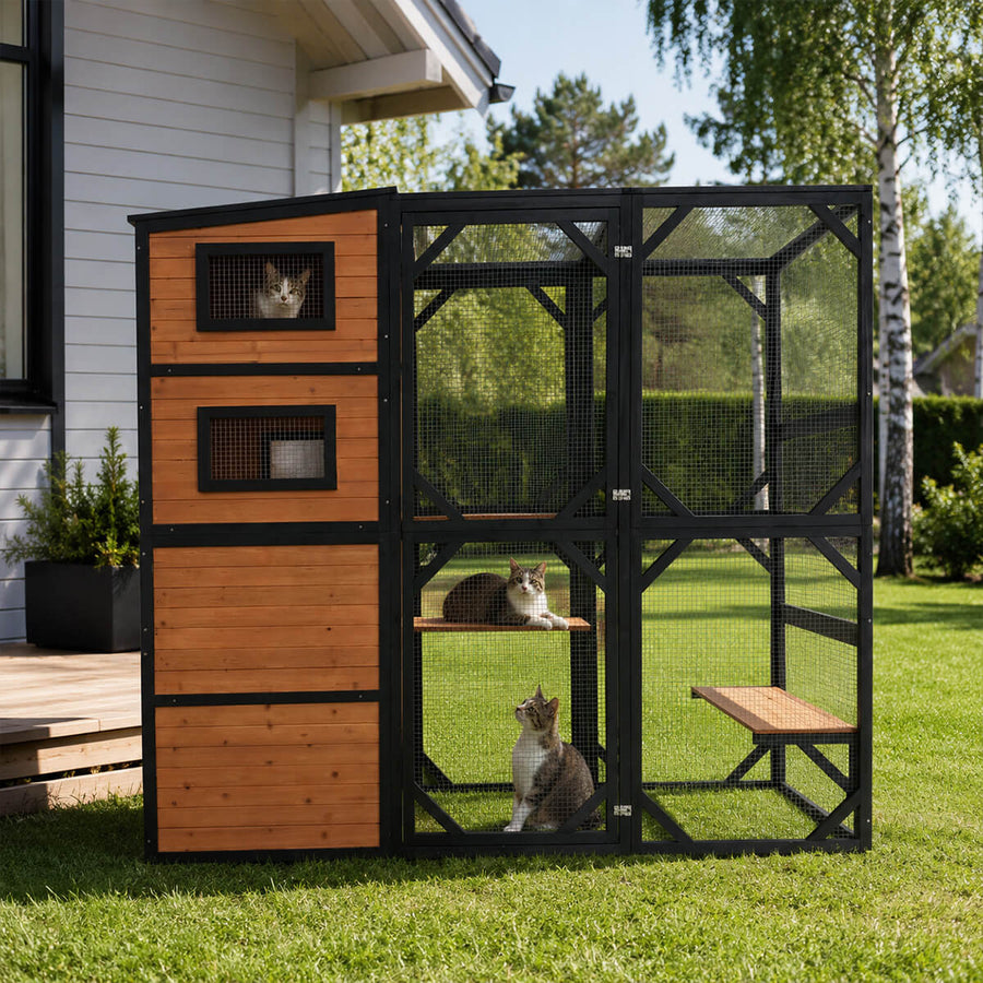 Kattbur med trähus 195 x 91 x 176 cm, brun