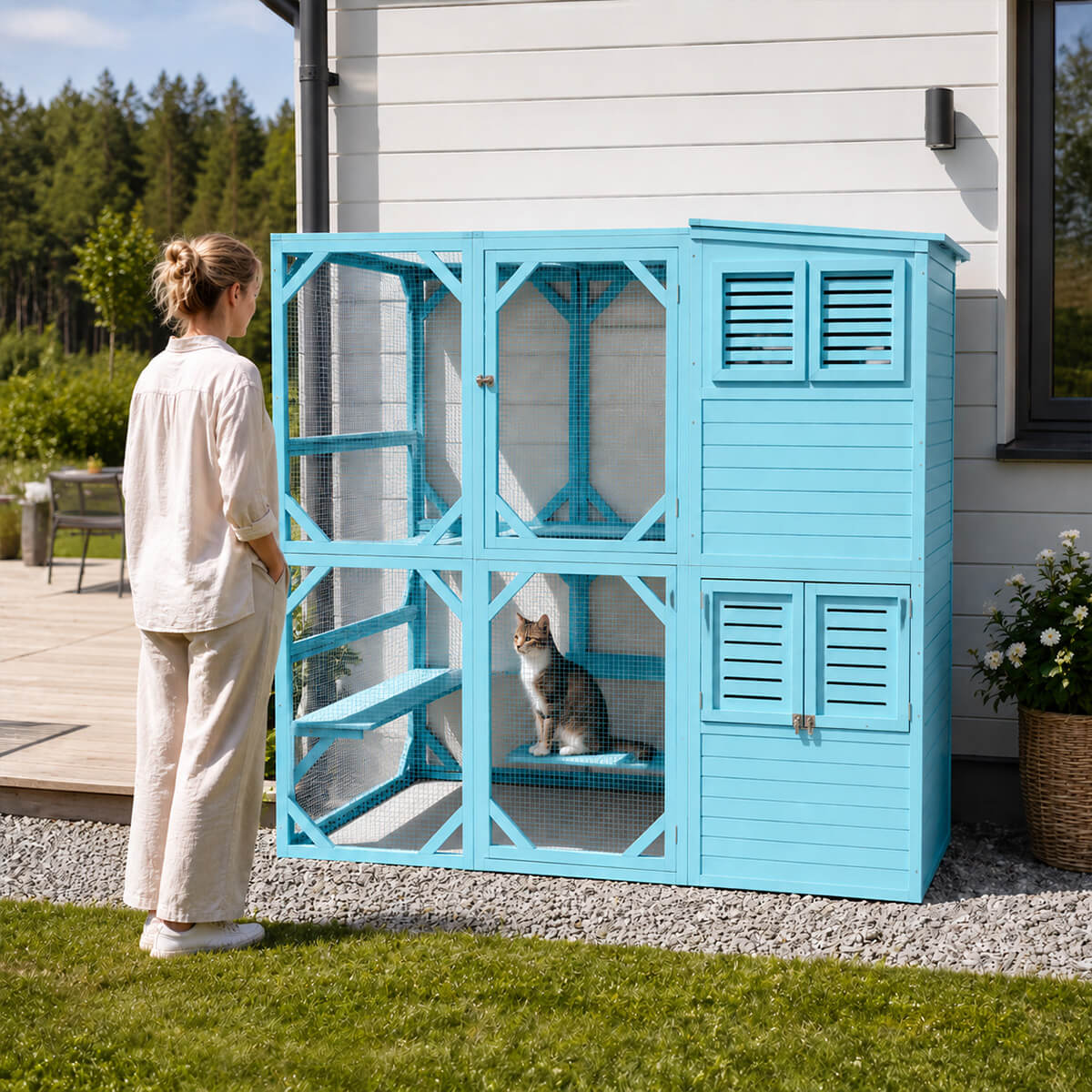 Kissatalo ulkotarhalla 195 x 91 x 176 cm, vaaleansininen
