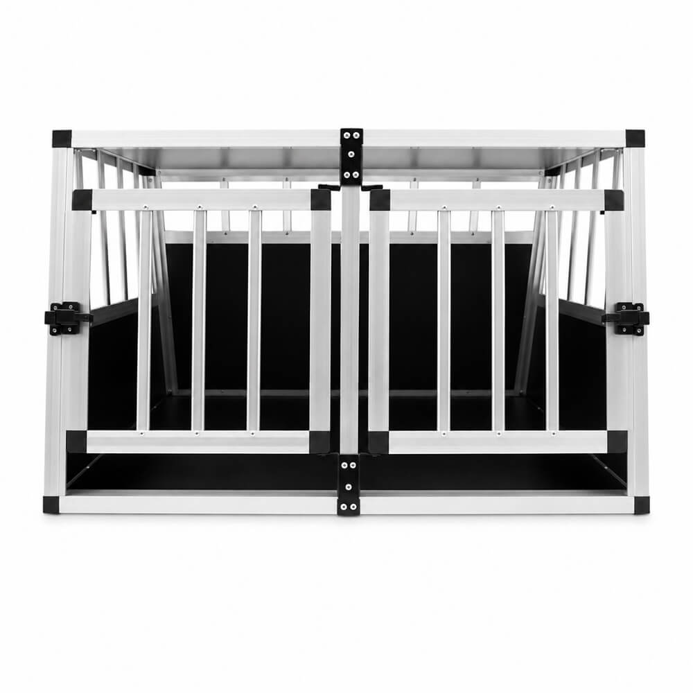 Koiran kuljetushäkki autoon – 2 ovea, alumiini + MDF, 89 × 69 × 50 cm