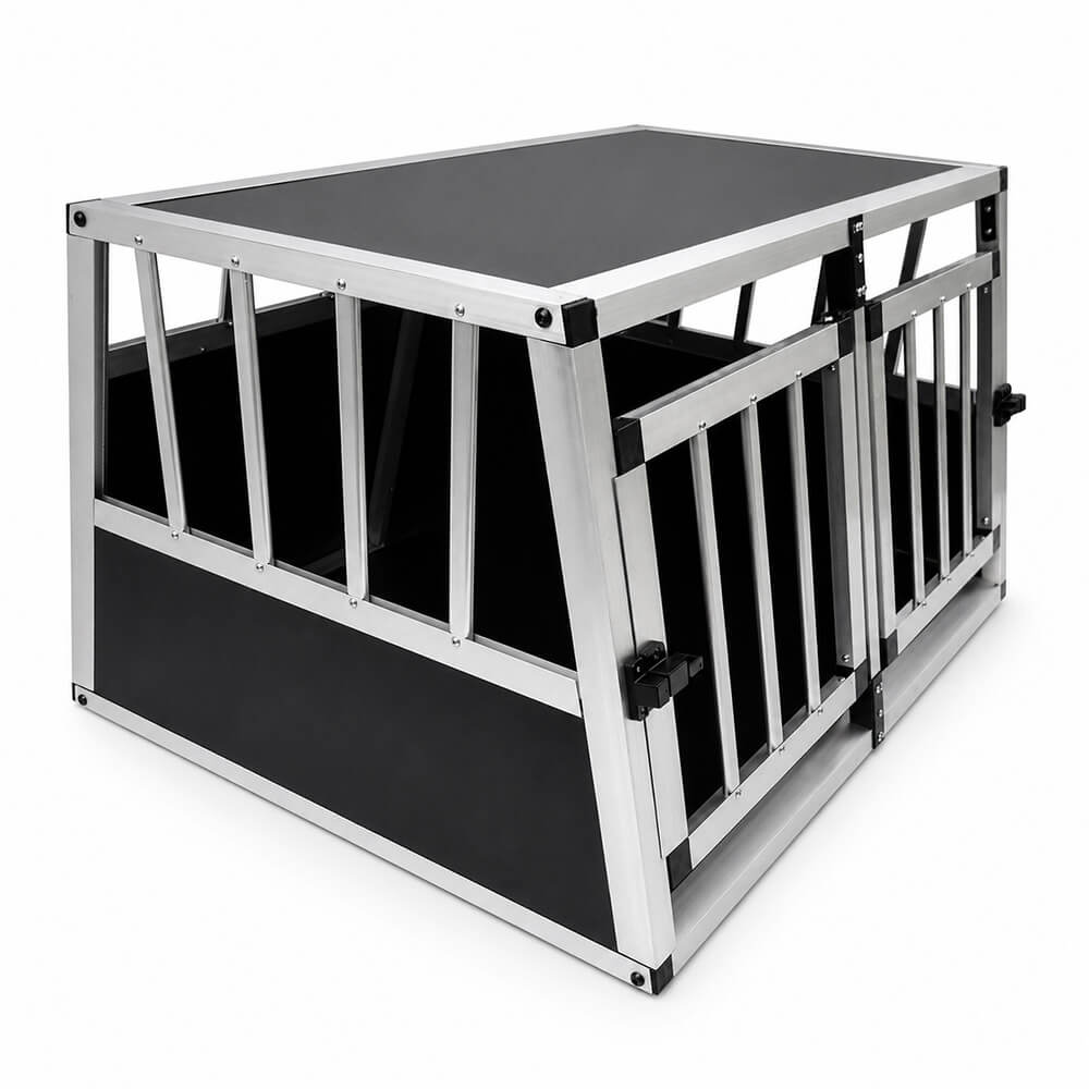 Koiran kuljetushäkki autoon – 2 ovea, alumiini + MDF, 89 × 69 × 50 cm