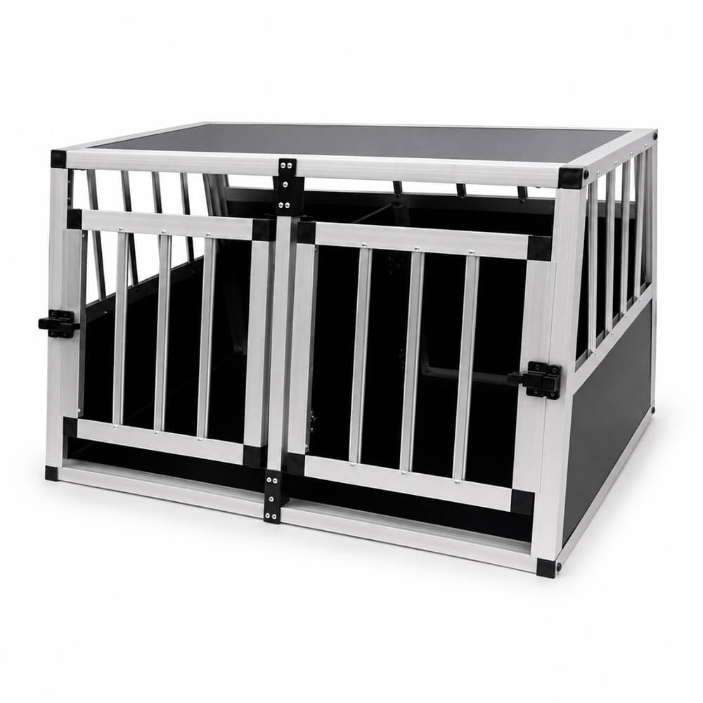 Koiran kuljetushäkki autoon – 2 ovea, alumiini + MDF, 89 × 69 × 50 cm