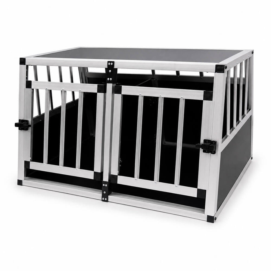 Koiran kuljetushäkki autoon – 2 ovea, alumiini + MDF, 89 × 69 × 50 cm