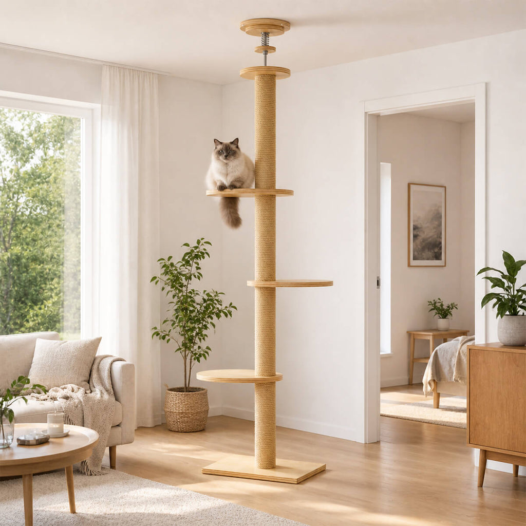 Högt klätterträd för katter 255–265 cm – träplattformar, 40x40 cm
