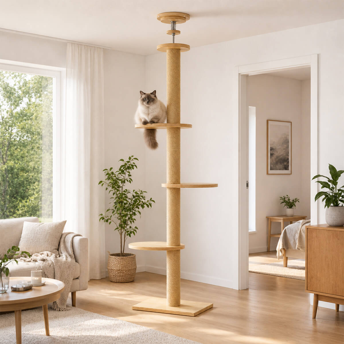 Högt klätterträd för katter 255–265 cm – träplattformar, 40x40 cm