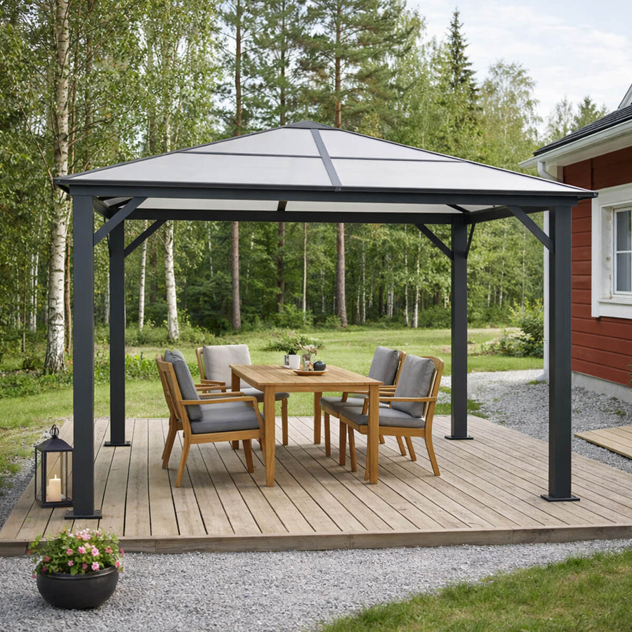 Paviljonki 300 x 395 cm – 6 mm PC-katto, alumiinirunko, 251 cm korkeus