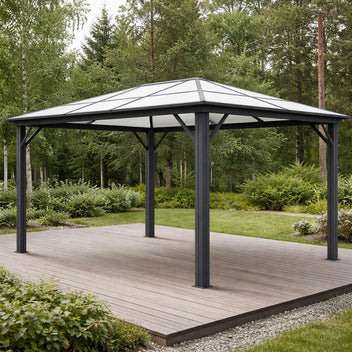 Paviljonki 300 x 395 cm – 6 mm PC-katto, alumiinirunko, 251 cm korkeus