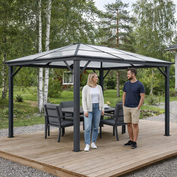 Paviljonki 300 x 395 cm – 6 mm PC-katto, alumiinirunko, 251 cm korkeus