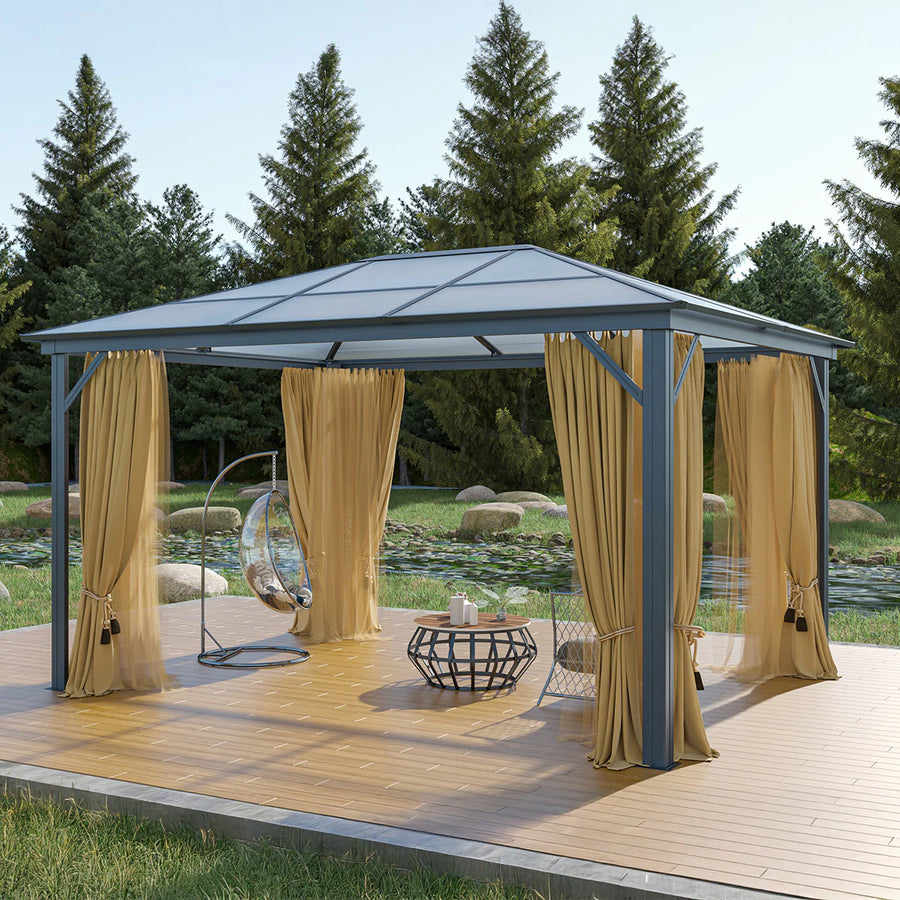 OUTLET! Paviljongin verhot ja hyttysverkko 3x4 m – kovakattoiseen paviljonkiin, beige - LUE TUOTEKUVAUS