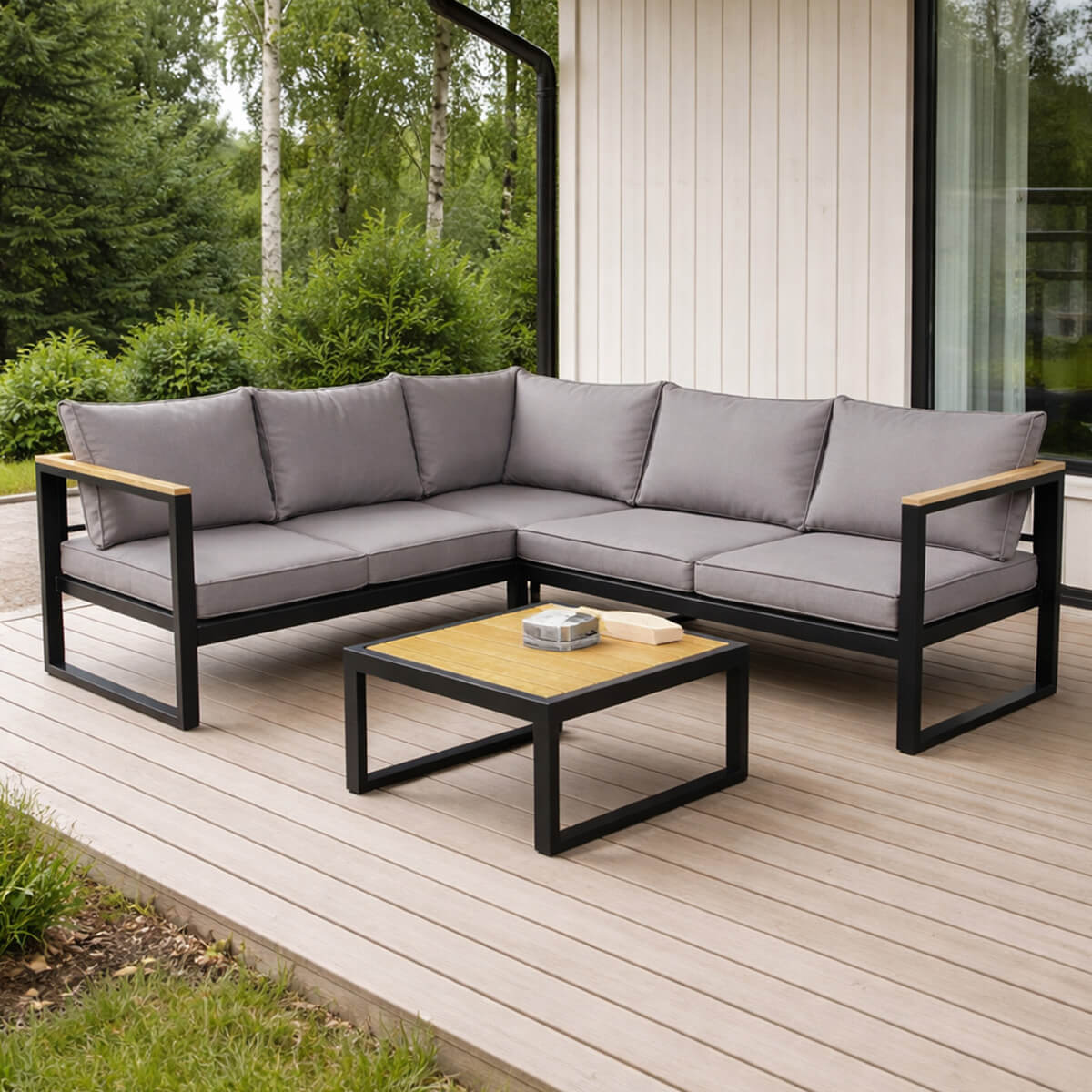 Kulmasohvaryhmä 195 x 195 cm SIIRI – alumiinirunko, polywood-pöytä, 10 cm tyynyt