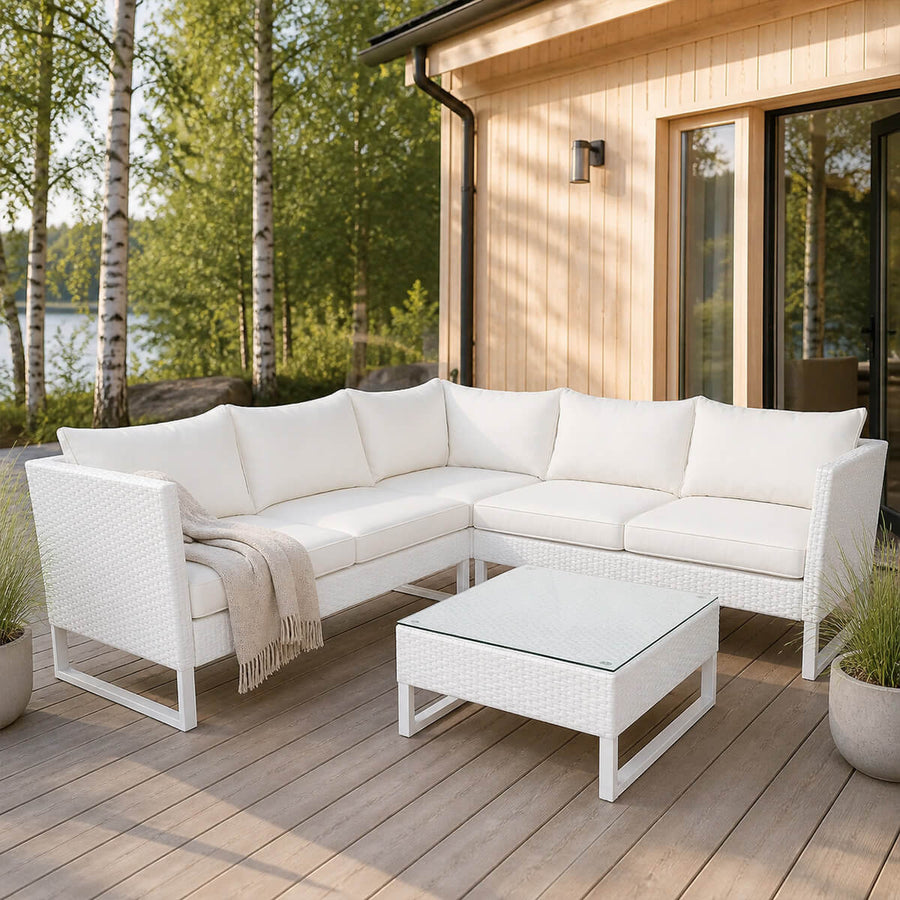 Hörnsofagrupp för 5–6 personer – polyrotting, 6 cm stoppning, bord 63 x 63 cm