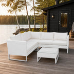 Kulmasohvaryhmä 5–6 hengelle – polyrottinki, 6 cm pehmusteet, pöytä 63 x 63 cm